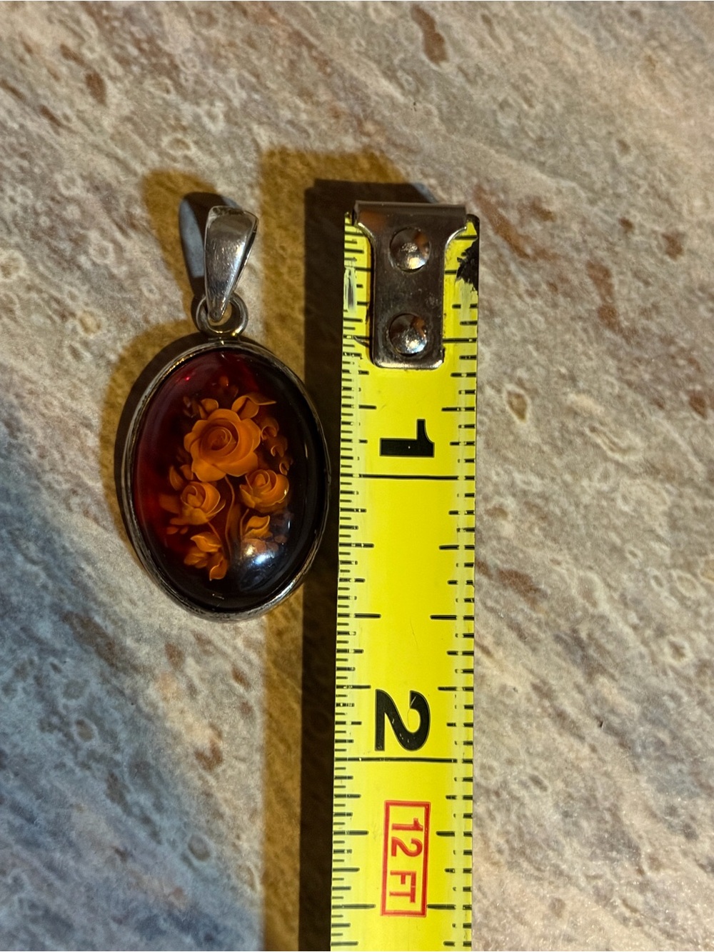 VintagePoland Sterling Silver Oval Amber? Possibly?Cabochon With Flowers Pendant - Picture 5 of 11